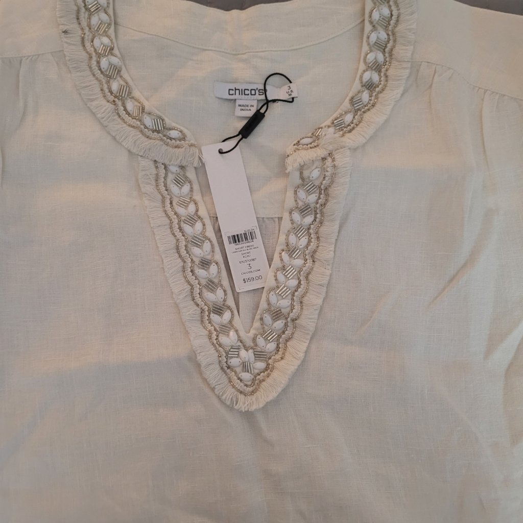 Nwt Chico's Linen Embellished Cap Sleeve Dress In Ecru Size 16 Us